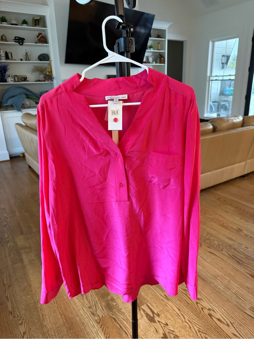 Bright Pink Split-Neck Long-Sleeve Blouse by Joie